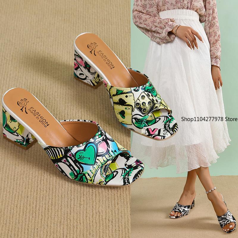 Fashion Womens Sandals Printed Summer 2025 New Thick-heeled Popular High-heeled Sexy All-match Half-slippers Open Toe Casual Basic Shoes