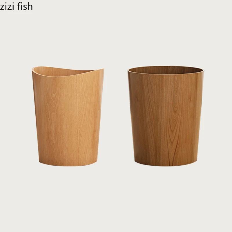 Creative Wooden Trash Can Round Simple Cleaning Tools Garbage Can Home Wastebasket Bathroom Trash Bin Kitchen Waste Storage Bins