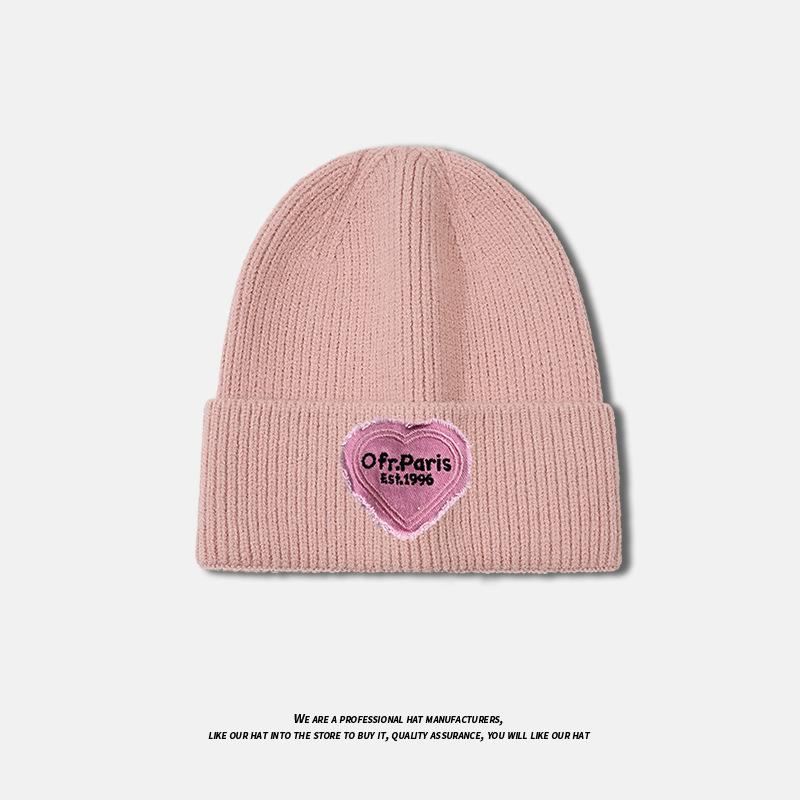Love Patch Knitted Hat for Women In Autumn and Winter Versatile Fashionable Woolen Hat Large Head Circumference Warm Pullover Cold Hat
