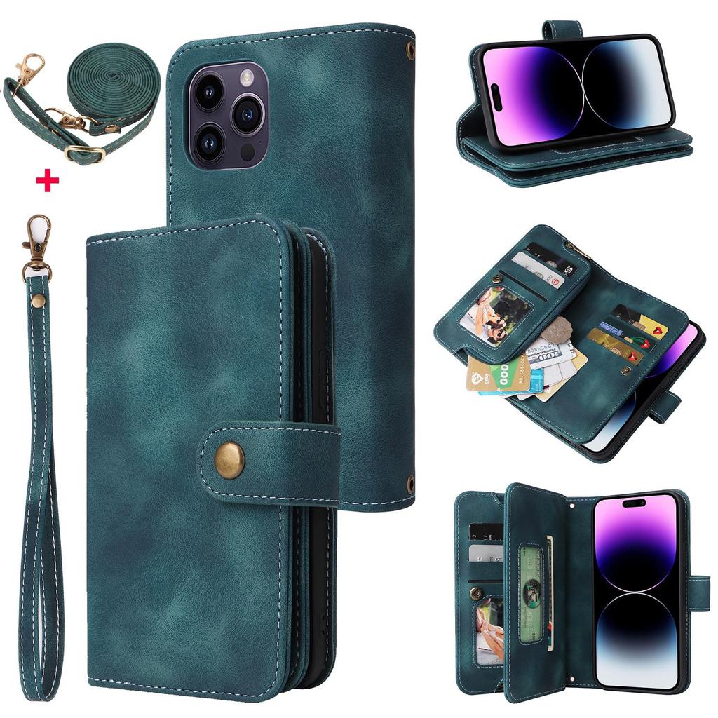Wallet Leather Zipper Purse Multi Card Slots Crossbody Lanyard Bag Case for iPhone 15 14 Plus 12 13 11 Pro Max for Samsung S23 S22 S21 S20 Ultra Plus
