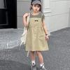 Teenager Girls Casual Striped Patchwork Dress Summer Black Khaki Junior Kid Fake Two-Piece Set Ages 6-14 Child Clothing