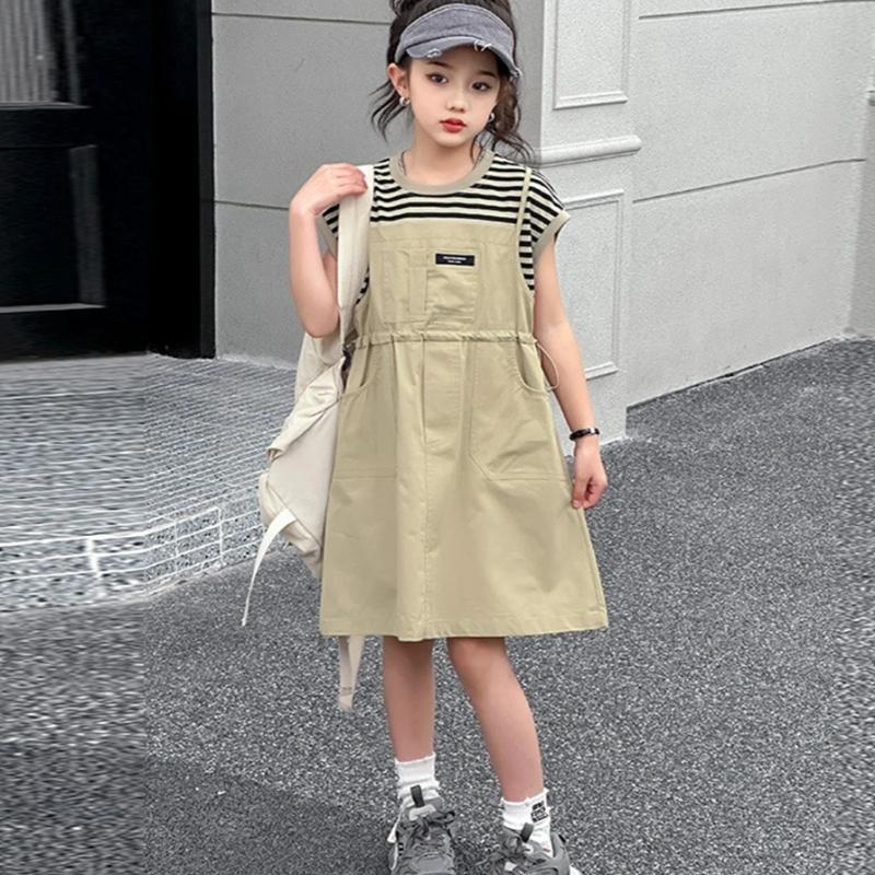 Teenager Girls Casual Striped Patchwork Dress Summer Black Khaki Junior Kid Fake Two-Piece Set Ages 6-14 Child Clothing