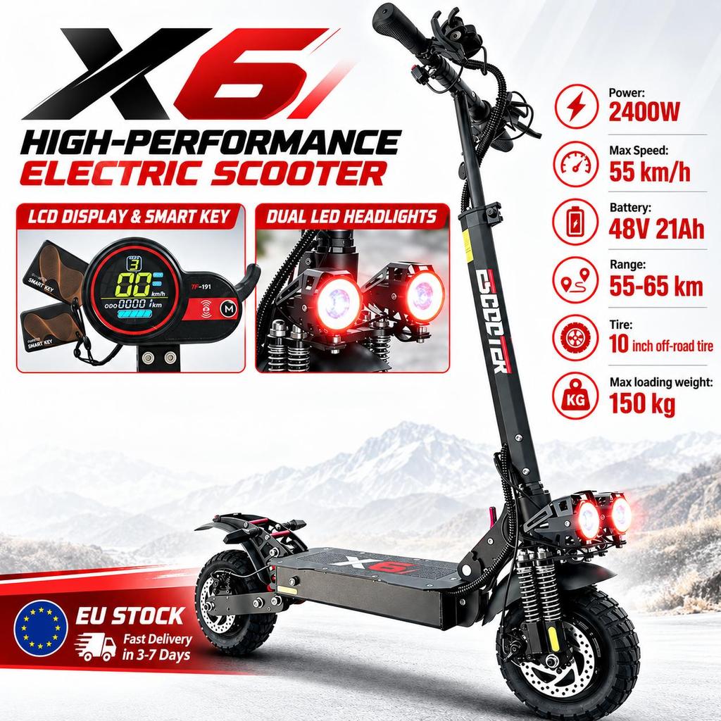 X6 Electric Scooter 2400W Dual Motors,48V21AH Battery, 65km Range, Worry-free Travel, 10-Inch Tires City Sports E-Scooter