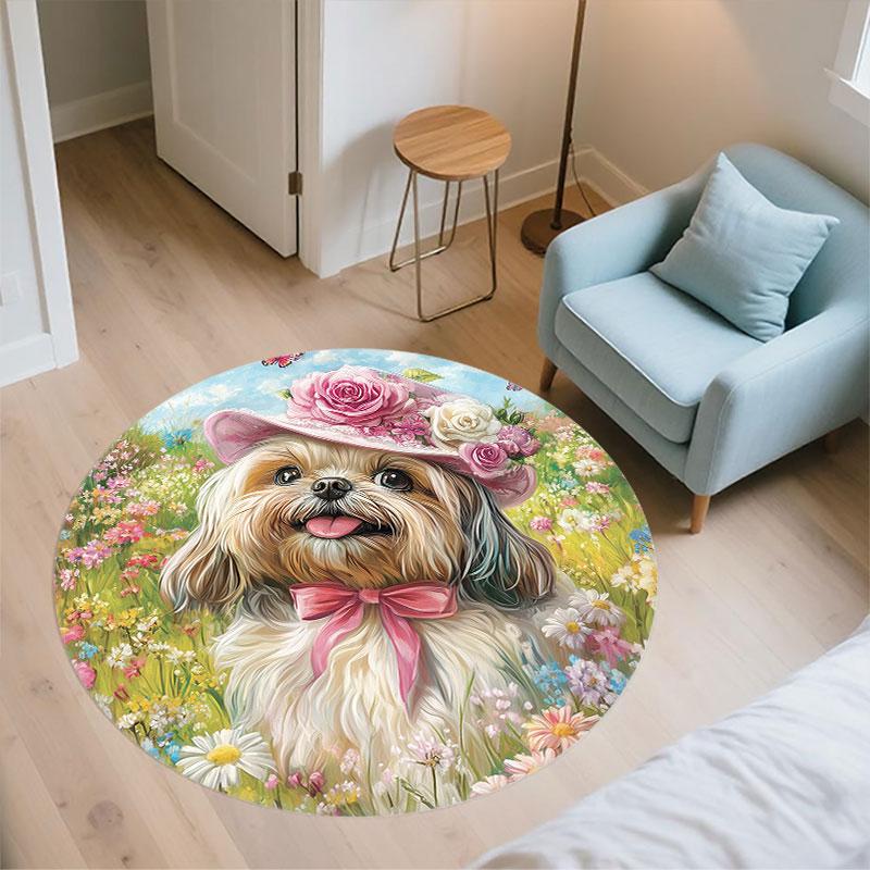 Shih Tzu & Flowers Pattern Round rug,Carpet Rug for Living Room Bedroom Playroom ,Non-slip Floor Mat,Holiday Gifts and Birthday Gifts.