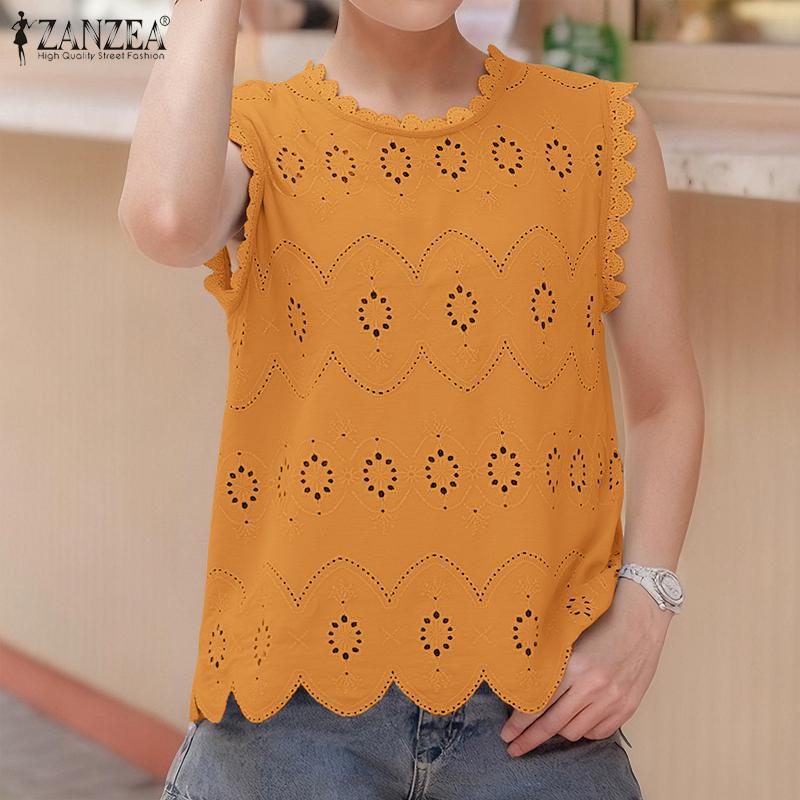 ZANZEA Women Casual Round Neck Summer Sleeveless Patchwork Crochet Tank Tops