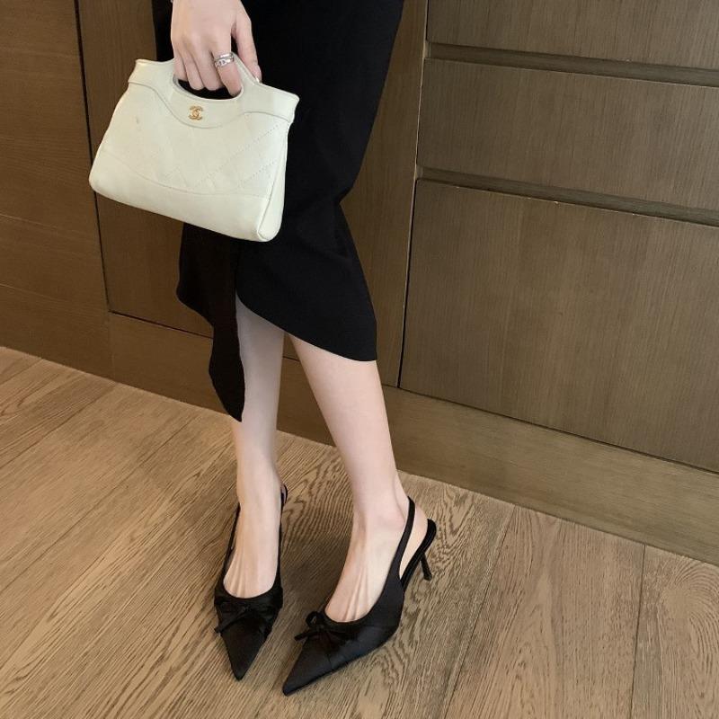 Sheepskin Version~ Baotou Sandals Women's Legs Length 7cm Thin Heels Bow High Heels Pointed Empty Single Shoes
