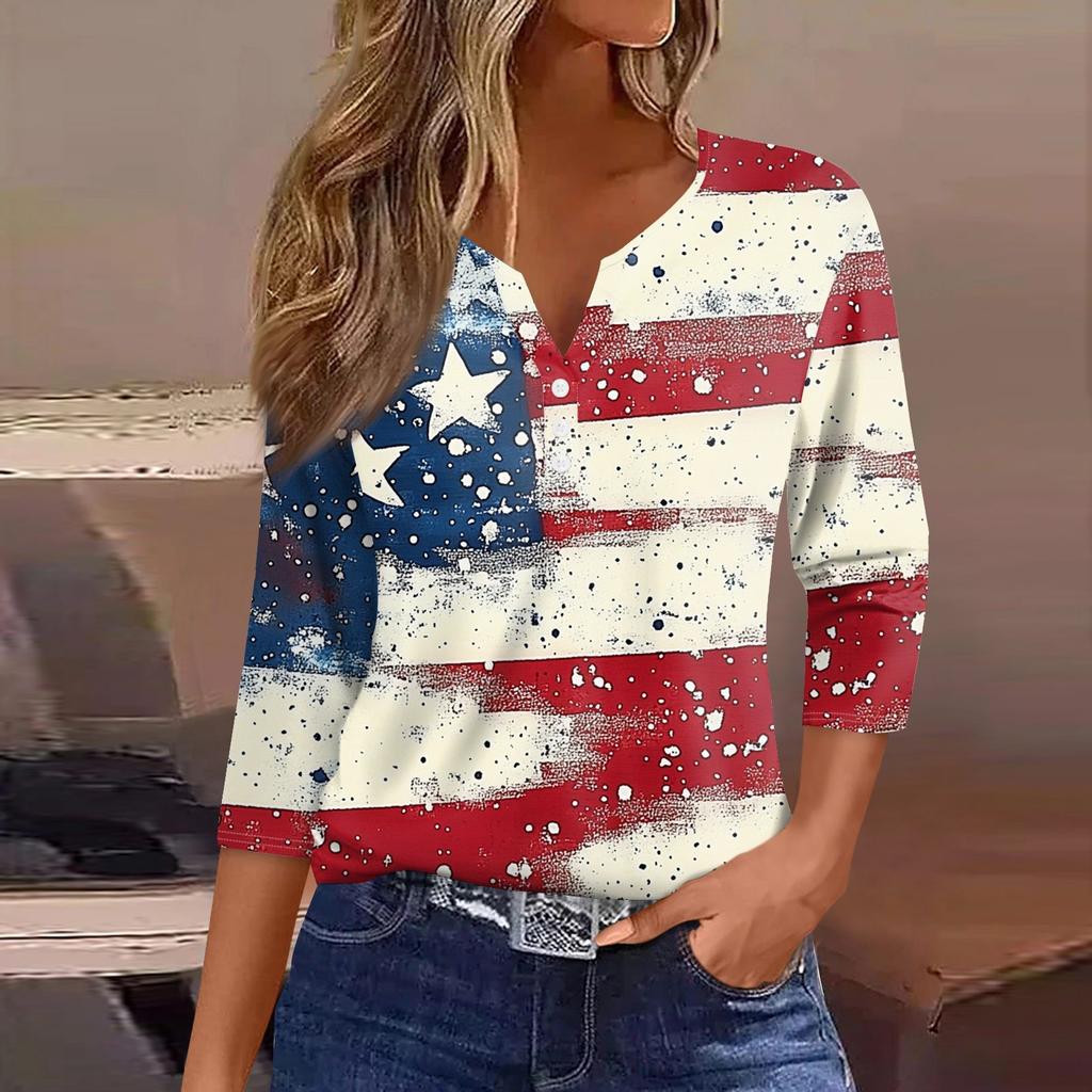 Women's T Shirt Tee Independence Day Printed Button 3/4 Sleeve Tunic Daily Weekend Fashion Basic V- Neck Regular Top