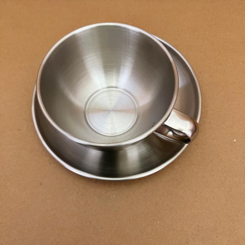 Metal Coffee Mug With Saucer Lid Spoon Set   Stainless Steel Camping Outdoor Coffee Cup For Latter Cappuccino