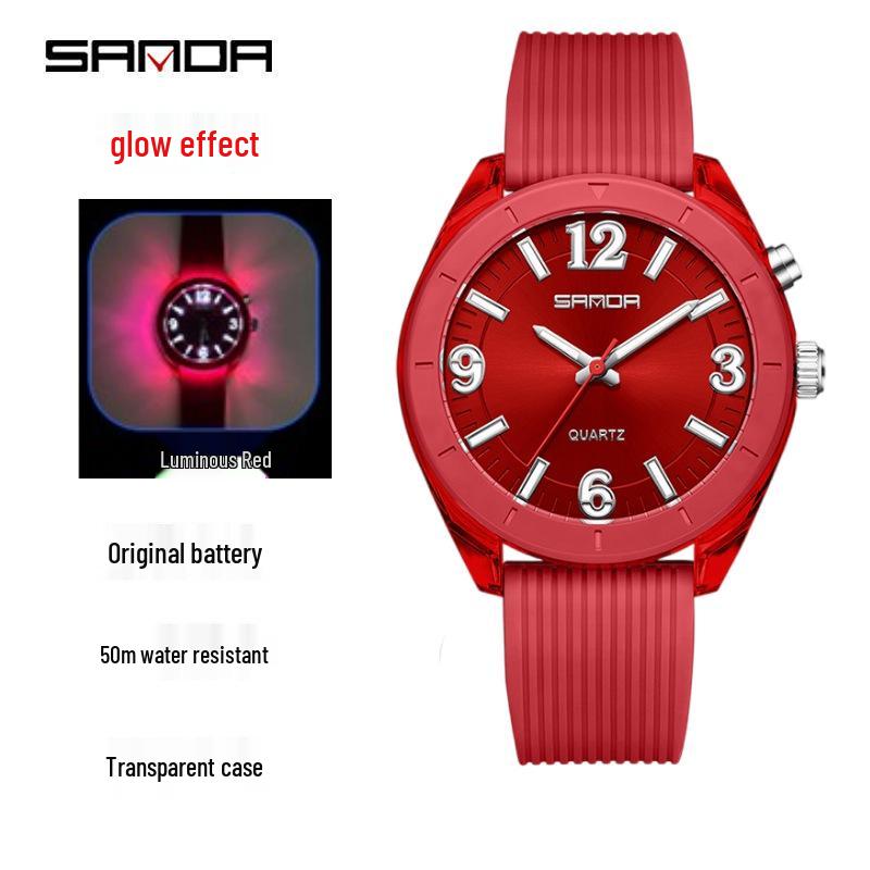 Sanda Student Exam Quartz Watch: Ice Transparent, Simple Design, Fluorescent Hands, Waterproof, Sun Grain Dial.