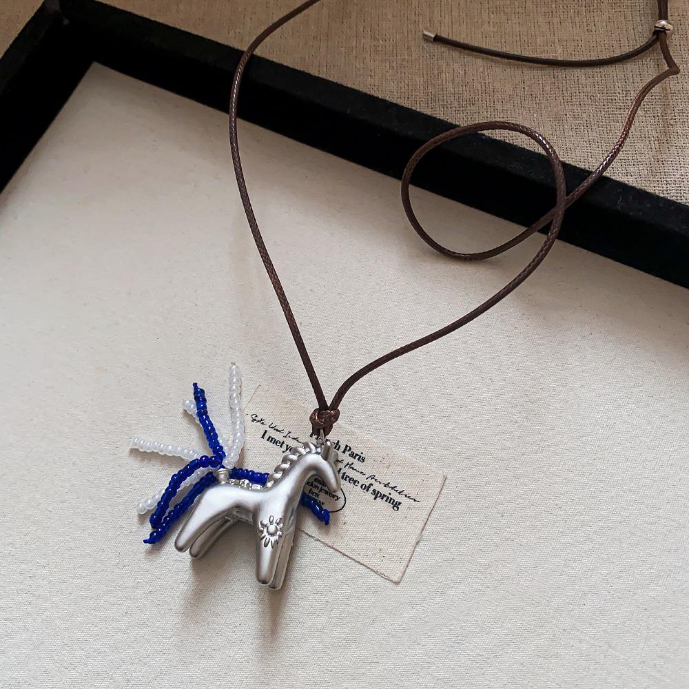 

Ожерелье из вощеного шнура с лошадью, длинное ожерелье из ПУ кожи, уникальное ожерелье с подвеской-пони, для девочек серебряный