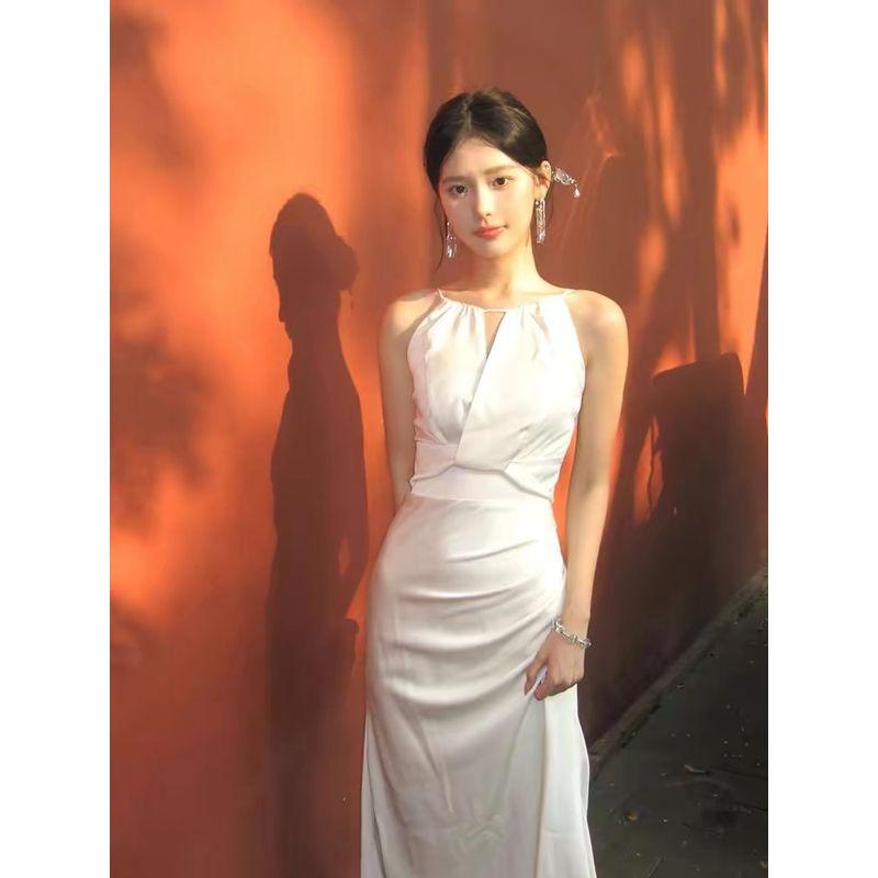 

French Acetate Satin Dress Female Summer Elegant Fancy Birthday Little Dress White License Evening Long Dress Beige S