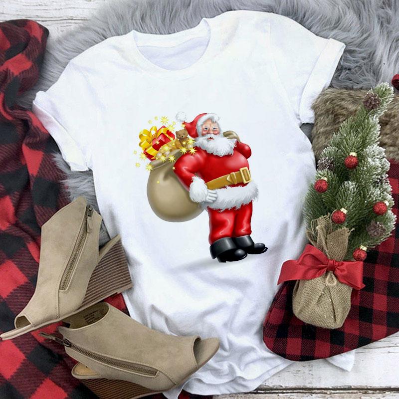 Cute Reindeer T Shirt Women Fashion Christmas Harajuku Short Sleeve T Shirt White Suitable All Seasons