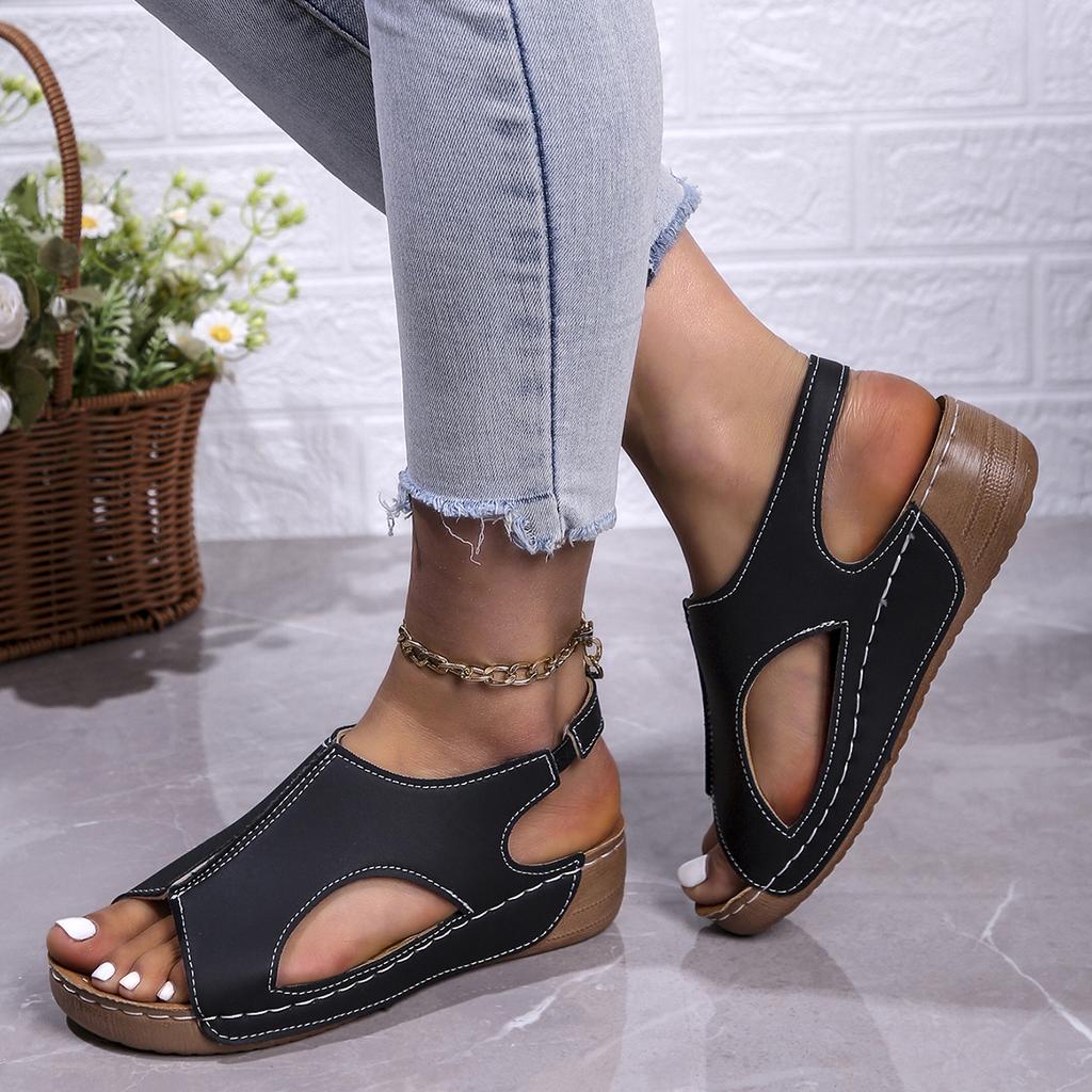 Women's Med Heels Platform Sandals Summer Peep Toe Casual Clogs Shoes Woman Pu Leather Wedges Roman Sandalias Mujer