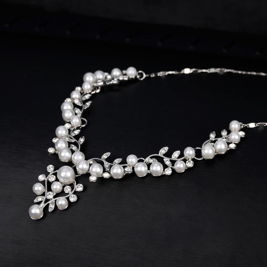 Kvinnor Elegant Faux Pearl Rhinestone lämnar halsband örhängen Bröllop smycken Set