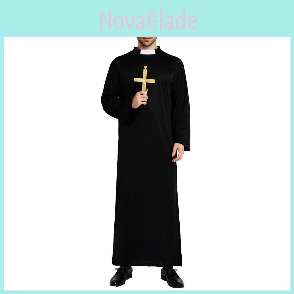 Elegant All-black Long Robe For Men Perfect For Western-themed Halloween Parties And Stage Performances