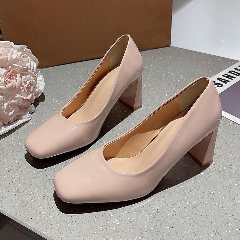 Square Head Thick Heel Women's Single Shoes Spring New Fashion Casual One-pedal Small Leather Shoes Nude Light Mouth High Heels