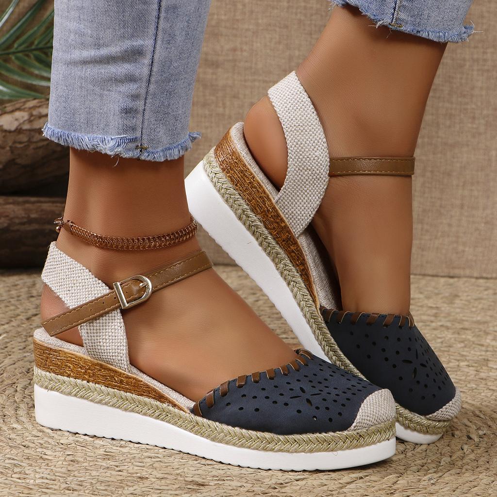 Große Farbabstimmung Tasche Kopf Hinten Leer Sandalen Keilabsatz Leichte Hanfseil Geflochtene Schnalle Plateau-Sandalen