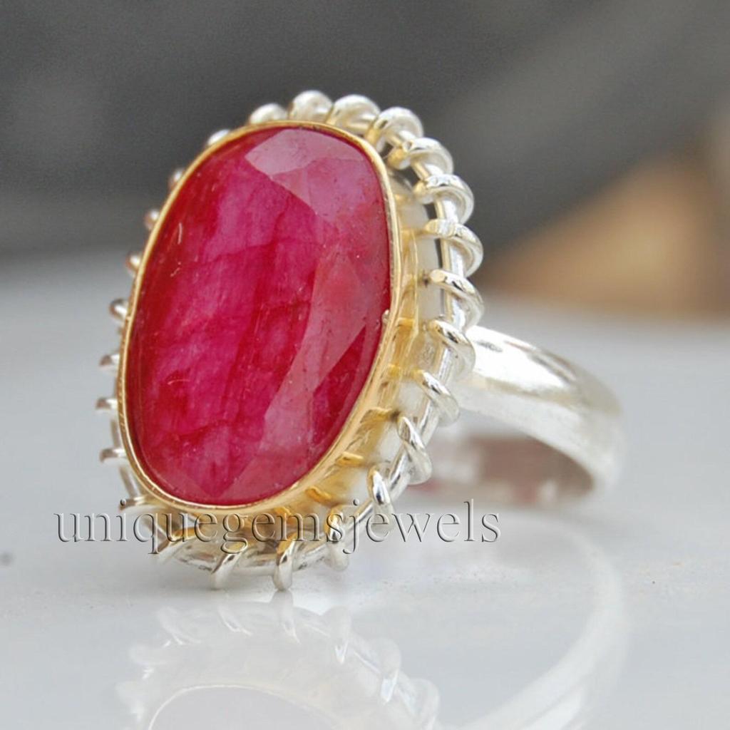 Reichhaltiger Pink-Roter Roher Rubin 925er Sterlingsilber Gelbgold Ring Schmuck, Zweifarbiger Rubinring, Handgefertigtes Geschenk Rubinring