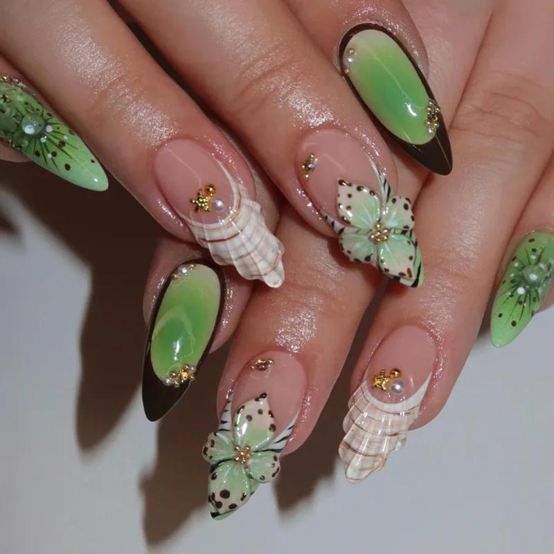 24PCS Charming Almond Fake Nail Colored Pottery with Seastar Insects Design Press on Nail Full Cover Wearable Manicure Nail Tips