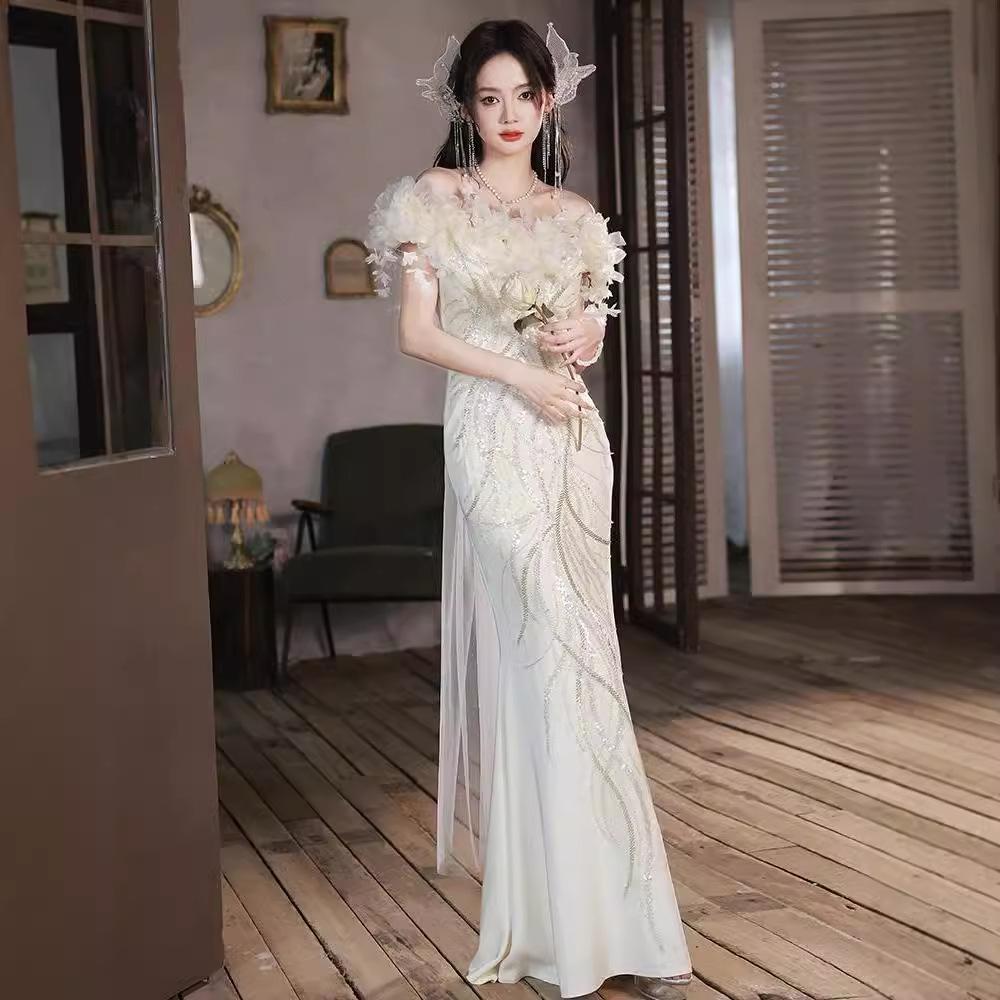 Super Fairy Evening Dress Skirt Light Luxury Niche Style 1011 New One-word Shoulder Fishtail Banquet Temperament White