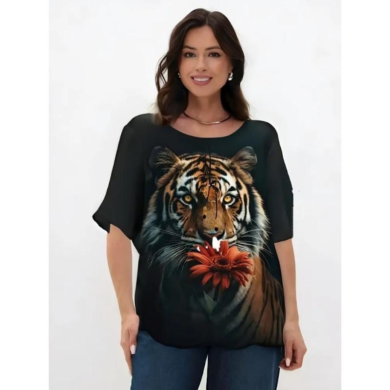 3D Printed Women's Round Neck Tiger Pattern T-shirt Multifunctional Summer Fresh Women's Version T-shirt Breathable Machine Wash Outdoor Top