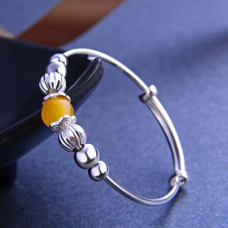 S990 Silver Inlaid with Yellow Chalcedony Beads, Round Bead Baby Bracelet, A Pair of Cute Baby Bracelets, Silver Children's Bracelet
