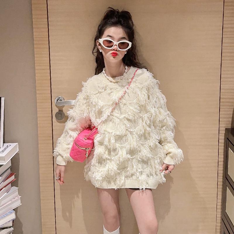 

Girls Tassel Knit Pullover - Autumn/Winter Korean Style Solid Color Sweater 170 cm белый/кремовый