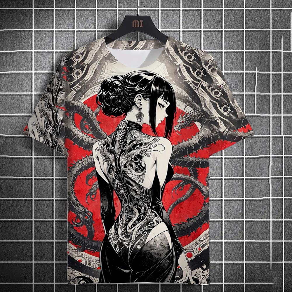 Tattoo Girl Pattern 3D Printed Top Fashionable Casual Short Sleeved Men's T-shirts - Soft Medium Stretch Polyester Fabric Summer Relaxed Fit Clothing