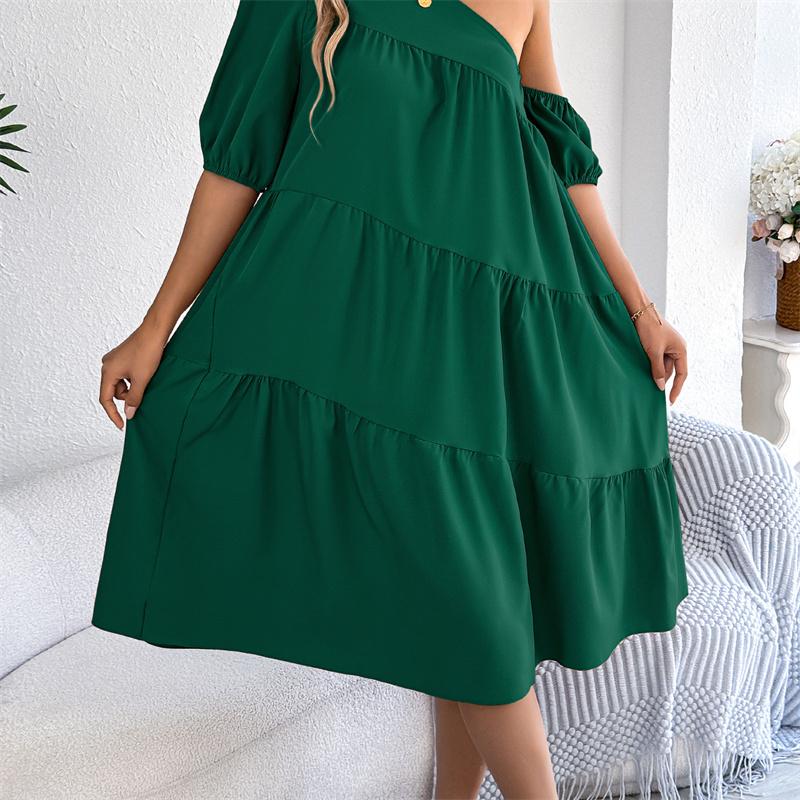 2026 Spring Summer Women's Off Shoulder Short Sleeved Ruffled Hem Long Skirt S-XL