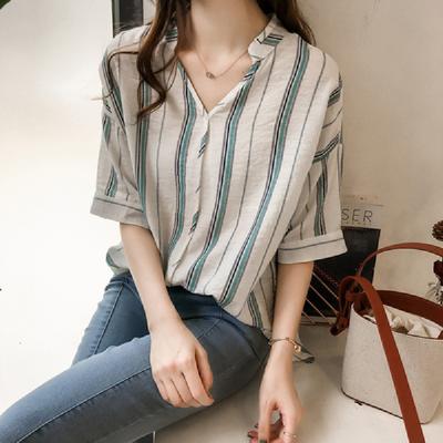 Luźna koszula w paski z krótkim rękawem i dekoltem w serek, damska bluzka z krótkim rękawem, Tide Vintage Basic Office Casual, damska koszula, wygodna, damska odzież