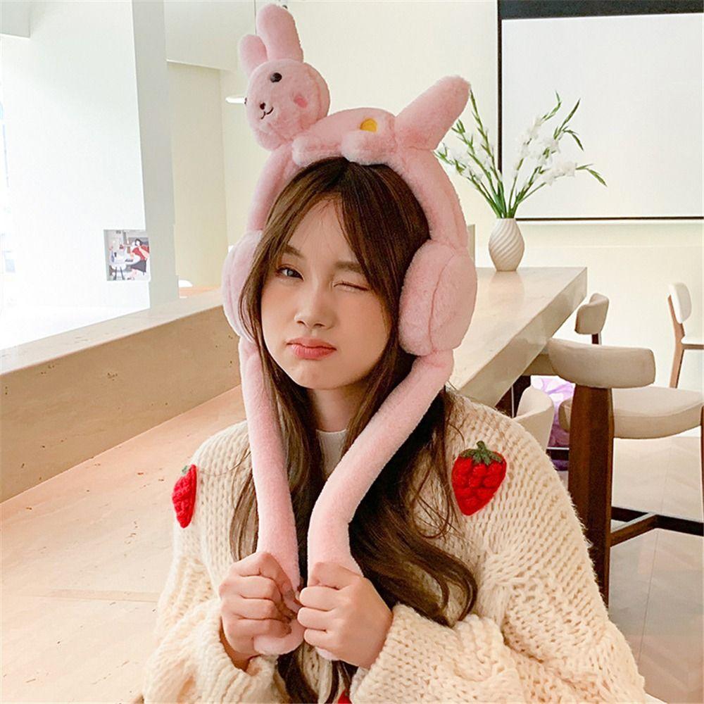 Winter Warm Furry Earmuffs Rabbit/Dinosaur Cosplay Ear Warmers with Moving Jumping Ears Outdoor Cold Weather