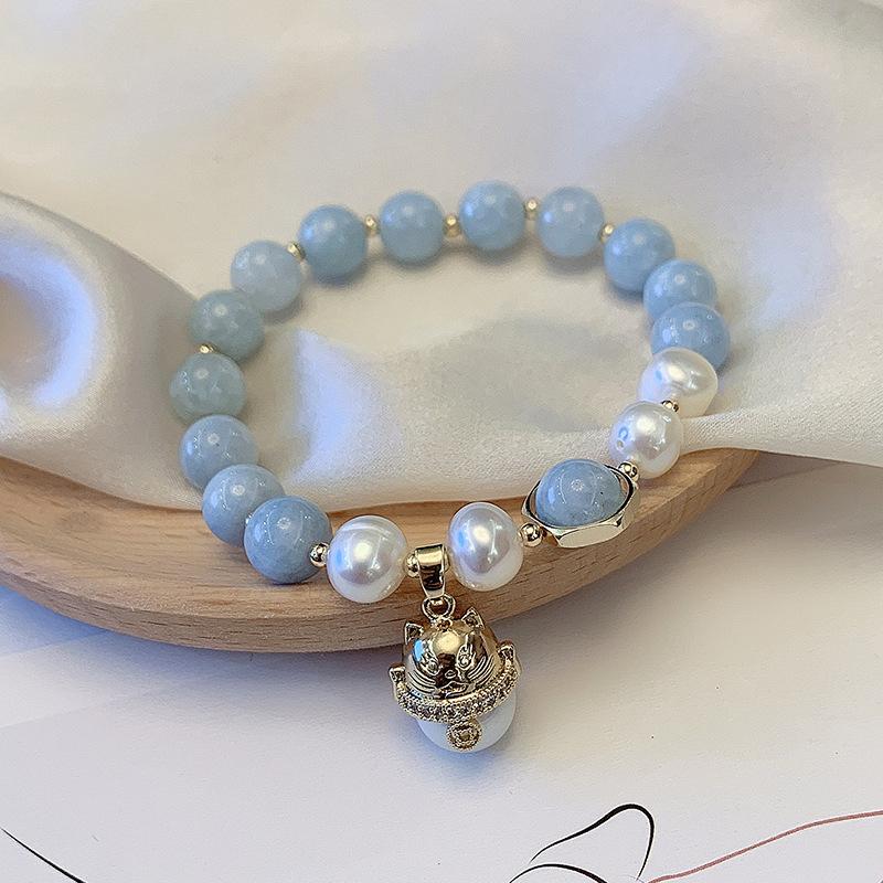 New Arrival Sweet Cat Animal Natural Amazonite Stone & Freshwater Pearl 14K Gold Filled Ladies Bracelet For Women Gifts