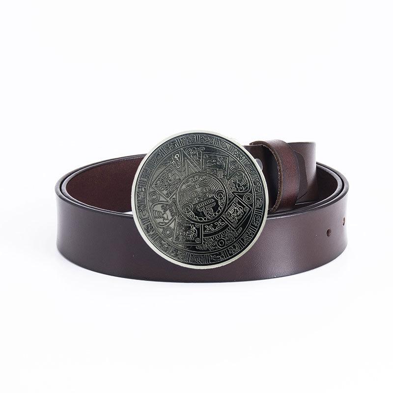 Glossy Whole Cowhide Belt, Zinc Alloy Ancient Tin Aztec Calendar Belt, Retro Large Size Pure Leather Belt.