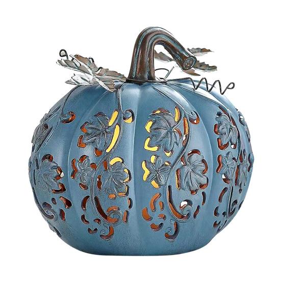 Halloween Pumpkin Light Hand-Carved Vine Hollow Decorative Lamp Resin Lighted Pumpkin with Flickering LED Candlelight Effect for Halloween