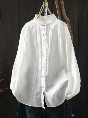 Camisa Branca Feminina de Gaze de Algodão de Camada Dupla com Botão de Renda - Versátil e Rejuvenescedora - Primavera 2026