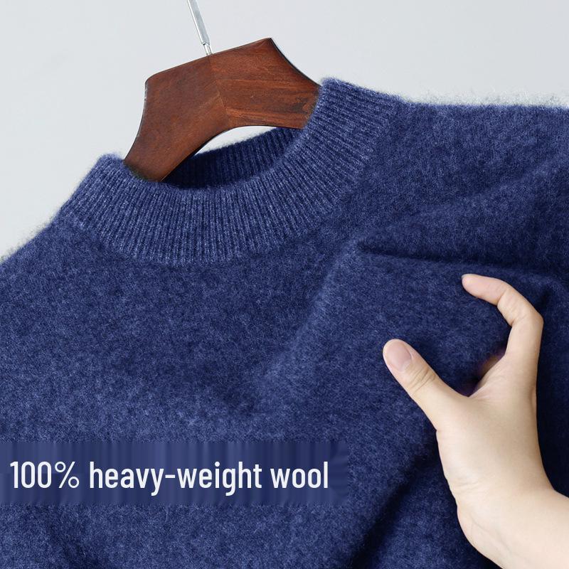 Men's 100% Wool Round Neck Loose Casual Sweater - Thickened Long Sleeve Knitwear