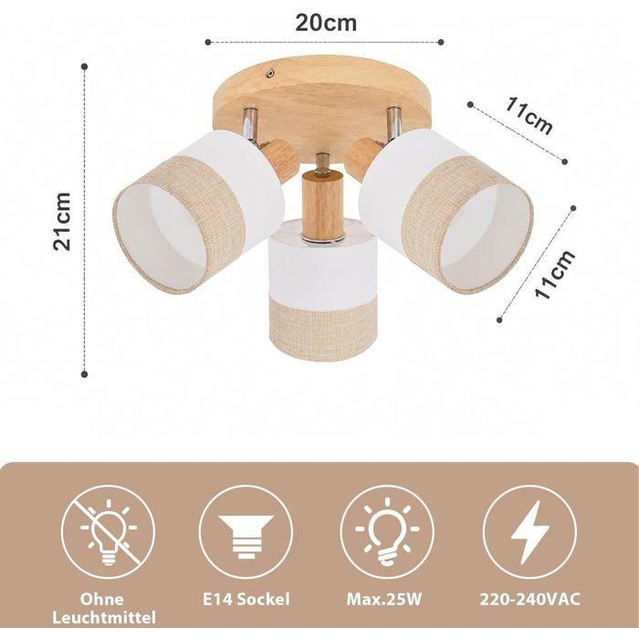 3-spot Ceiling Light - NETTLIFE - Wooden Base E14 350° Swiveling - Linen Fabric Lampshade - 3x25W - Vintage White Style