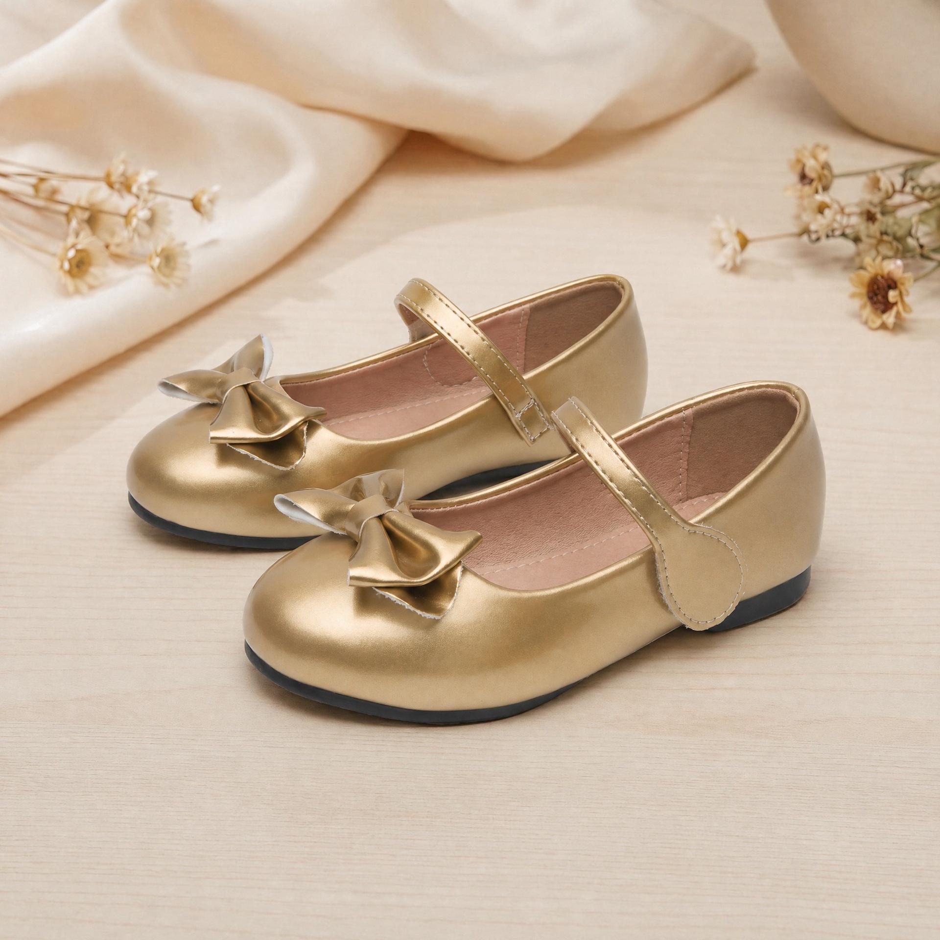 2026 Girls  Gold Princess Shoes - Soft Sole, Non-Slip, Leather with Bow and Magic Sticker. 33