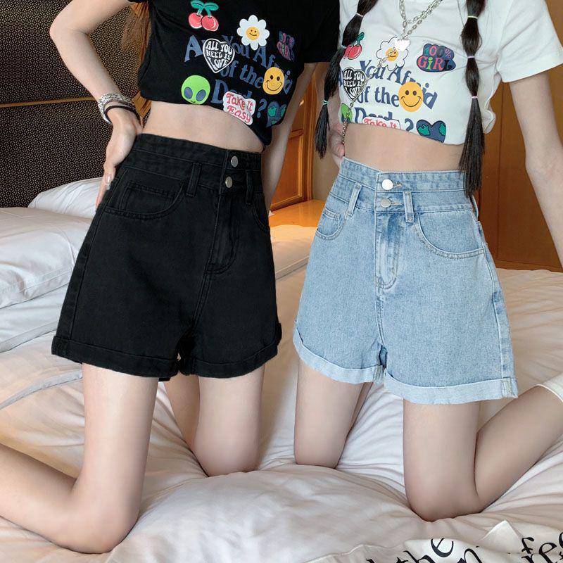 Women's 2026 Summer Korean-Style Black High-Waisted Denim A-Line Shorts