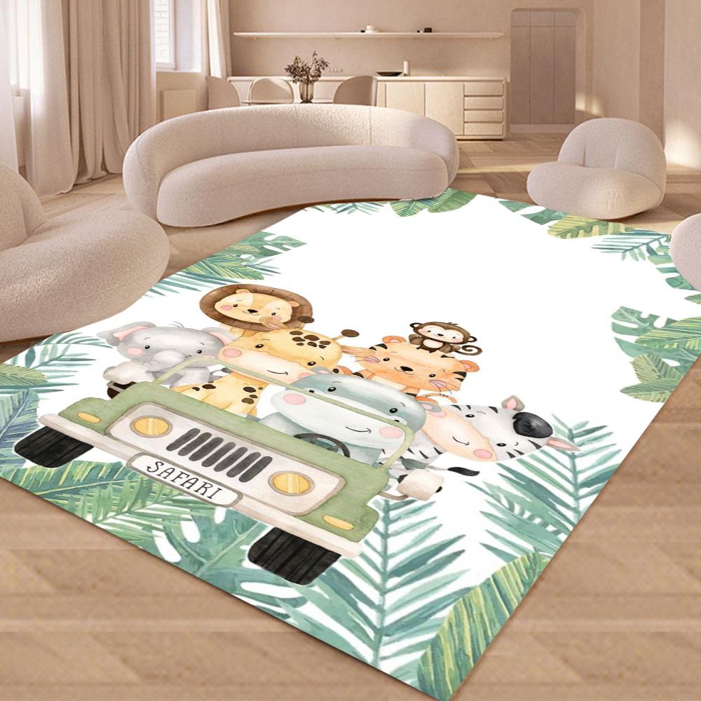3D Jungle Animals Printed Rugs Cartoon Floral Safari Animals Rug for Bedroom Livingroom Non-slip Carpet Kids Room Area Rug Decor