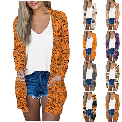 Women's Fashion Casual Halloween Printed Long Sleeve Mid-Length Cardigan Jacket