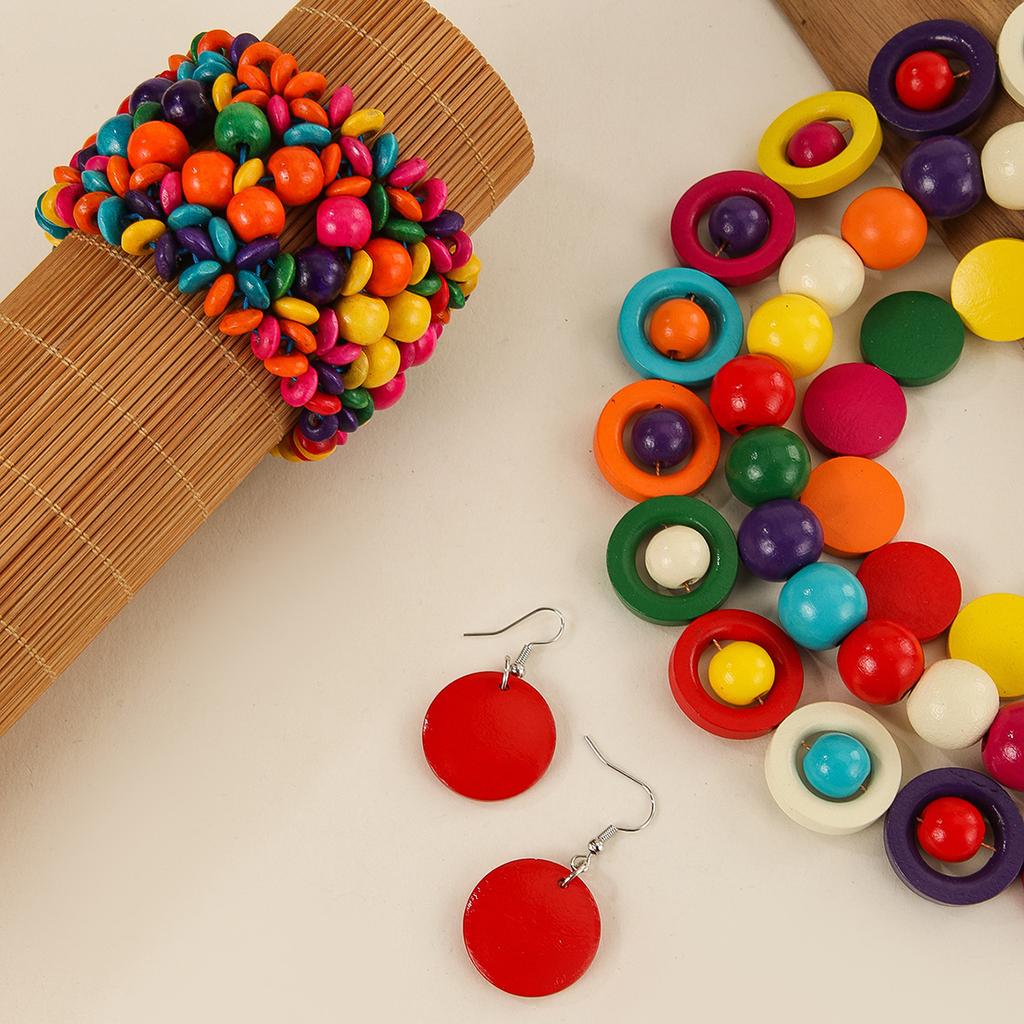 African Jewelry Set Bohemian Multi-layer Colorful Wooden Beads Beaded Necklace Earrings Bracelet For Women Party Accessories