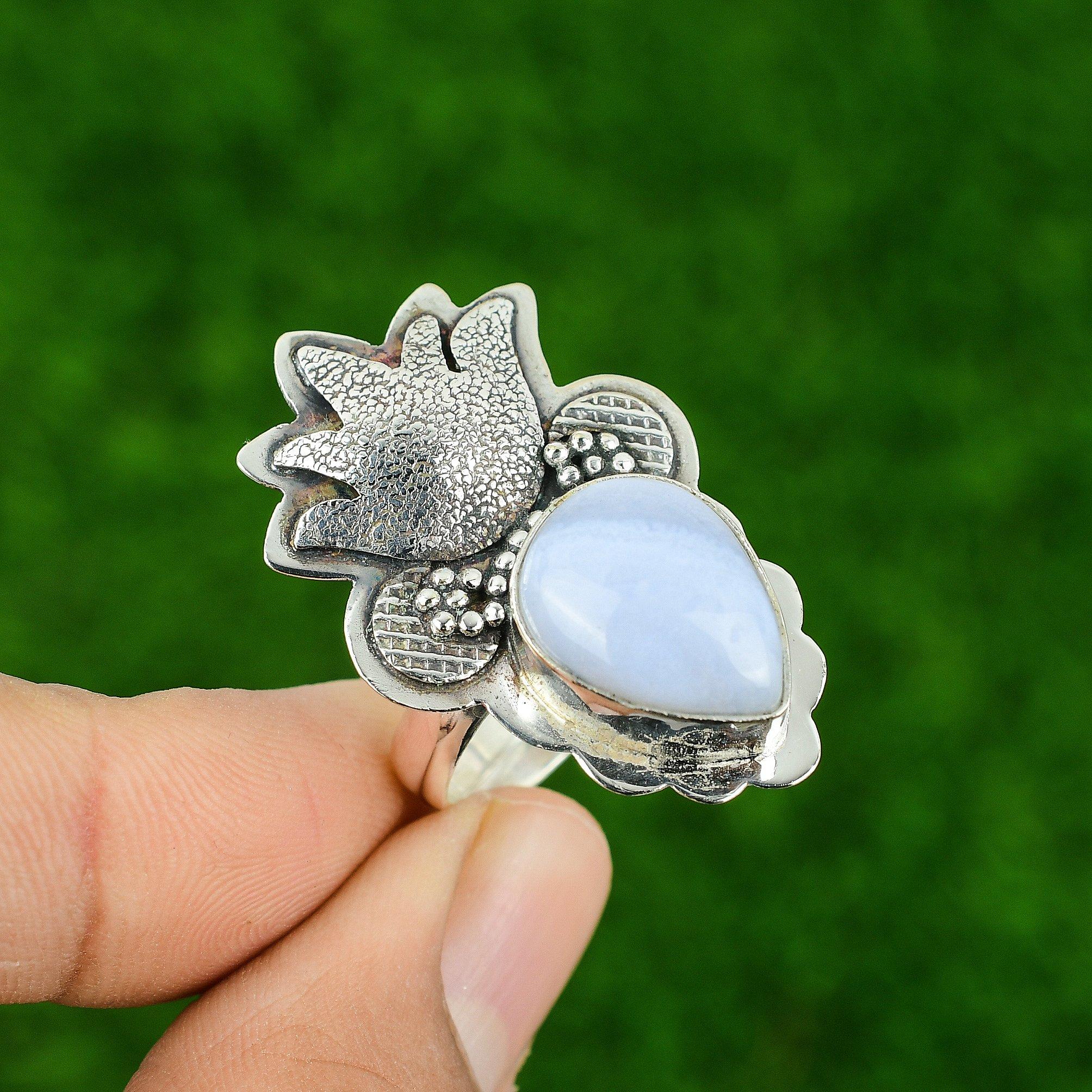 

925 Sterling Silver Pear Blue Lace Agate Gemstone Elegant Bezel New Ring Jewelry Adjustable
