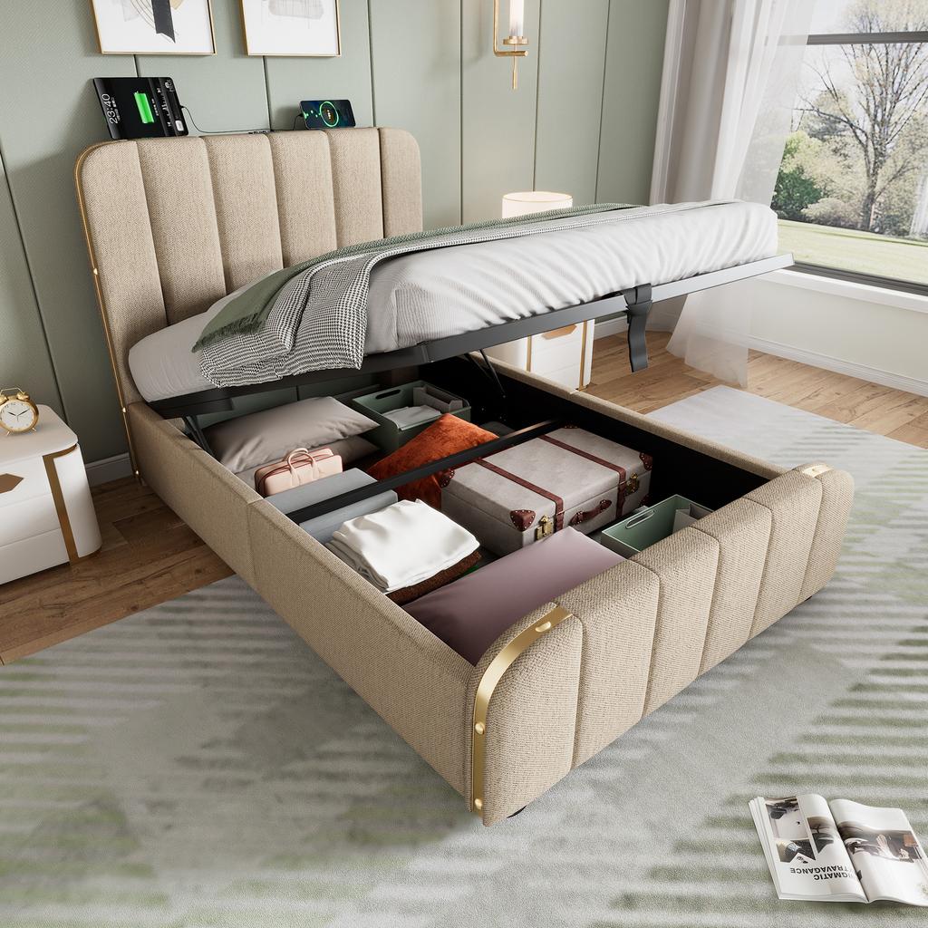 Upholstered Single Bed, Headboard with Golden Stripes and USB Type-C Charging 90*200 Cm, Beige Linen Hydraulic Storage Bed (Without Mattress)
