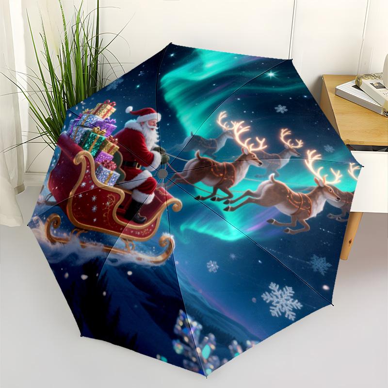 Christmas Santa & Rainbow Unicorn Print Umbrella, Compact Auto Open/Close Travel Umbrella, Windproof Waterproof for Holiday Season