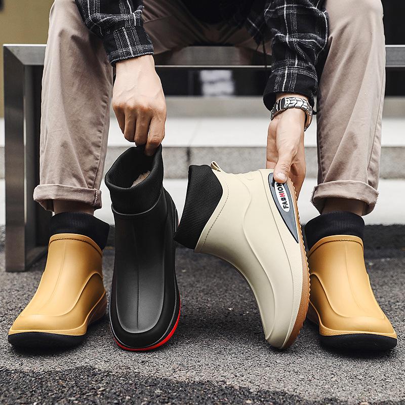 Męskie buty przeciwdeszczowe krótkie antypoślizgowe wodoodporne buty modne buty przeciwdeszczowe aksamitne termo gumowe buty robocze krótkie buty wodne odporne na zużycie