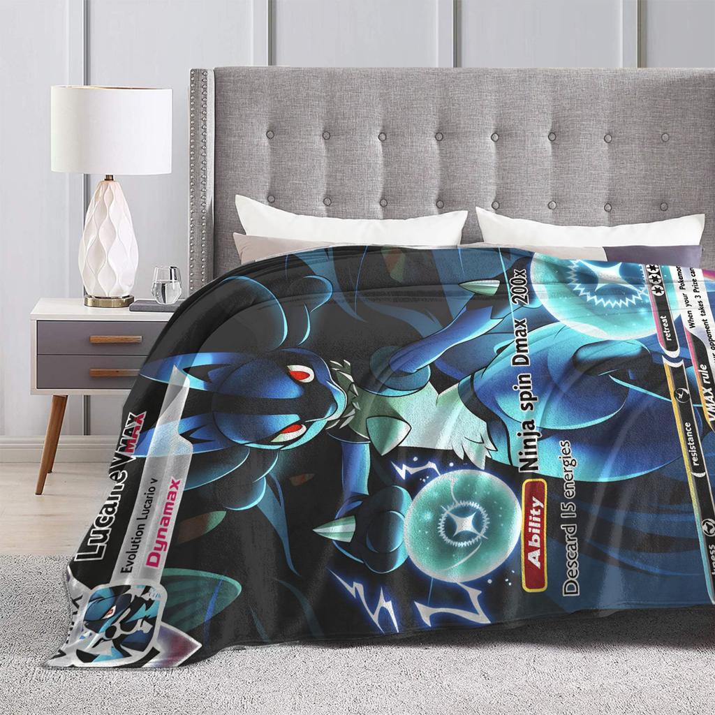 Pokemones Anime Card Lucario Flannel Blanket Winter Soft Durable Bedding Throws Outdoor Comfortable Bedspread Sofa Bed Cover