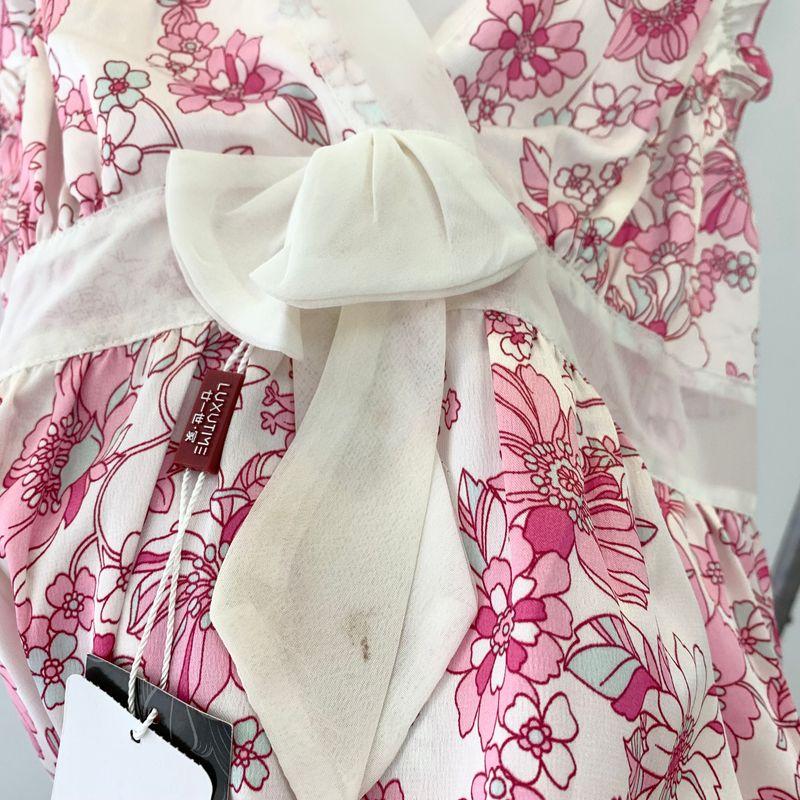 

Pink Sweet Floral Pajamas Suit Suspenders Short Pants Two-Pieces Homewear Sexy Cute Bows Suit Pink slight blemish XL