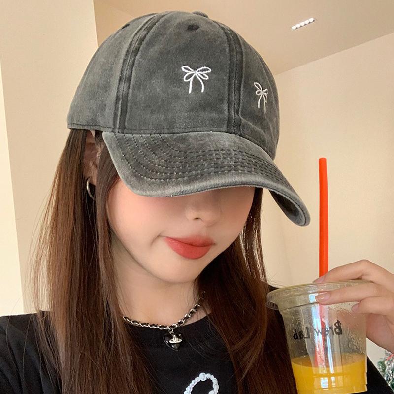 Korean Bow Embroidered Baseball Cap For Women Girl Washed Cotton Summer Outdoor Sunscreen Hat Solid Color Adjustable Hats