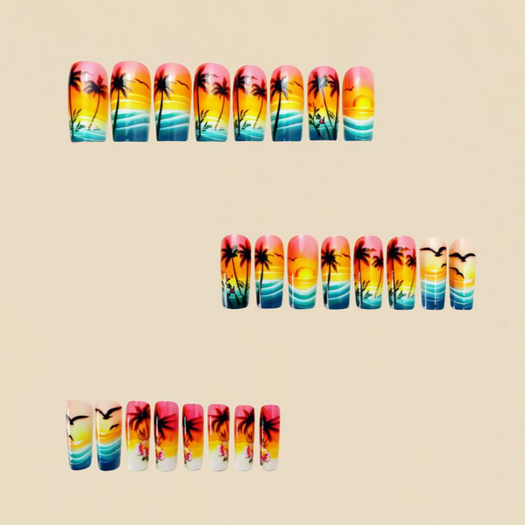 24 Pcs Seagulls Artificial Nail Medium Square Full Cover False Nail Glossy Stick on Nail Coconut Tree Press On Nail